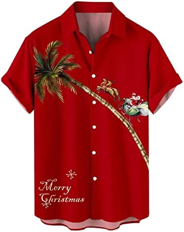 XXBR Noel Gömlek Erkekler için Hawaiian Rahat-Fit Kısa Kollu Düğme Aşağı Gömlek Noel Baba Ren Geyiği Baskı Parti Üstleri