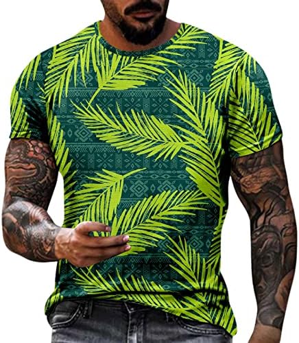 XXBR Erkek Asker Kısa Kollu T-Shirt, yaz Hawaiian Yapraklar Baskı Crewneck Tops Egzersiz Atletik Kas Casual Tees