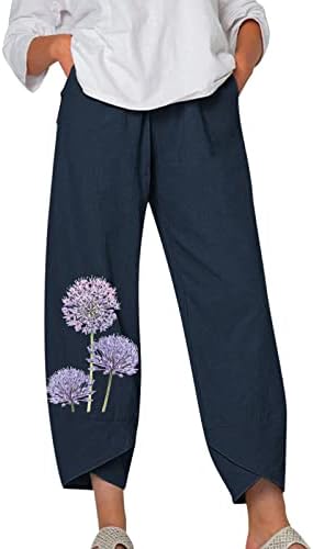 Yaz Keten Pantolon Kadınlar için Geniş Bacak Pamuk Keten Kırpılmış Pantolon Düz Renk Yaz Hafif Sweatpants Cepler ile