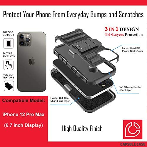 Ohıya Kılıfı iPhone 12 Pro Max ile Uyumlu [Askeri Sınıf Koruma Darbeye Dayanıklı Kickstand Kılıf Koruyucu Siyah Kılıf]