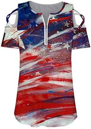 Amerikan Bayrağı T Shirt Kadınlar için Seksi Zip V Boyun Gömlek Hollow Out Kısa Kollu Tee Tops 2023 Moda Bluzlar