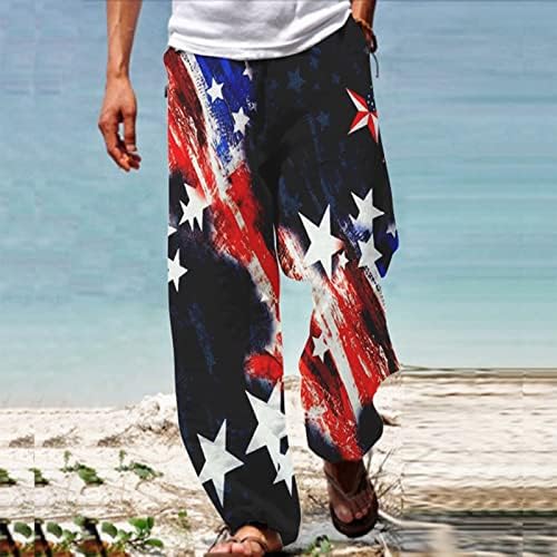 Erkek Rahat Keten Pantolon Amerikan Bağımsızlık Günü 3D Baskılı Düz Bacaklar Elastik İpli Bel Yaz Plaj Yoga Pantolon