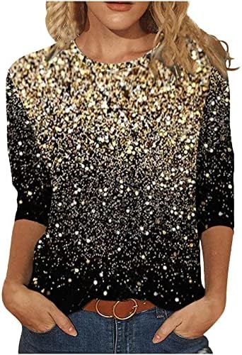 lcepcy Casual Tunik Üstleri Kadınlar için Glitter Grafik Baskılı T Shirt Yuvarlak Boyun 3/4 Kollu Bluzlar 2023 Yaz