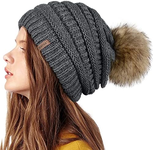 FURTALK Womens Kış Örgü Hımbıl Bere Şapka Sıcak Kafatası Kayak Kap Faux Kürk Pom Pom Şapka Kadınlar için