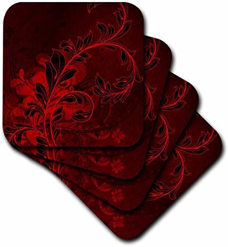 3dRose CST_78074_3 Koyu Kırmızı Şam Desenine Karşı Büyük Zarif Kırmızı Yapraklı Güzelleşmek - Seramik Karo Bardak