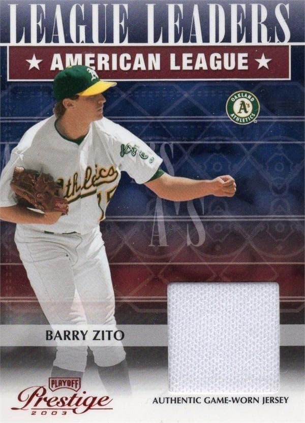 Barry Zito oyuncu yıpranmış forması yama beyzbol kartı (Oakland Atletizm) 2003 Playoff Prestij Ligi Liderleri LL10