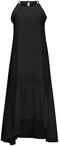 Kadın Yaz Maxi Elbise Casual Boho Kolsuz Spagetti Kayışı şifon elbise Katmanlı Fırfır Uzun Plaj Güneş Elbiseler