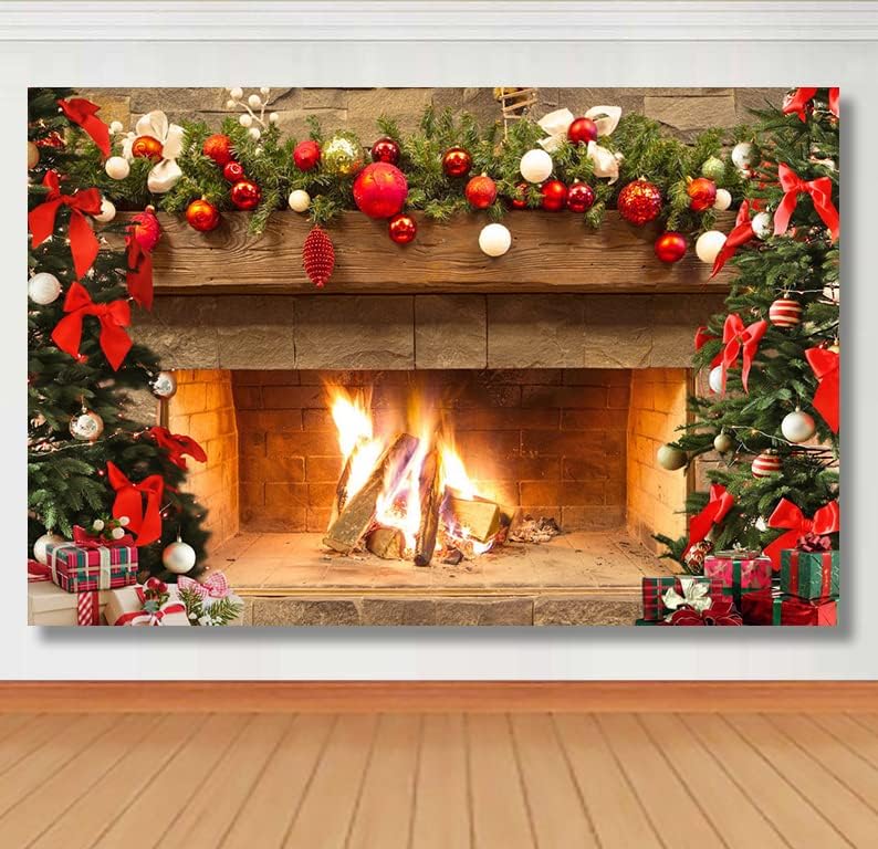 Lofaris Noel Şömine Zemin Kış Noel Ağacı Renkli Şenlikli Süslemeleri Tuğla Arka İç Vintage Merry Christmas Eve Parti