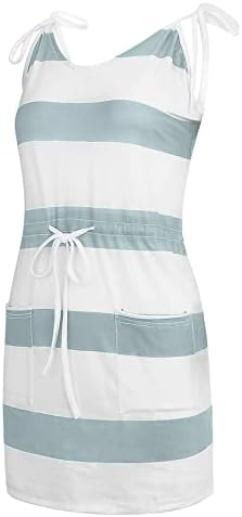 lczıwo kadın Yaz Mini Elbise Rahat Çizgili Spagetti Kayışı V Boyun Kolsuz İpli Bel Plaj Elbise ile Cep