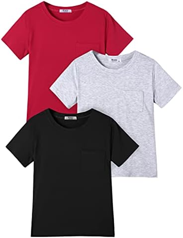 Boyoo Erkek 3-Pack Kısa Kollu T-Shirt Katı Pamuk Ekip Boyun Üst Tee ile Cep için 5-14Y Çocuklar