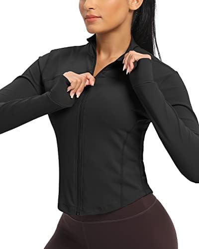 colorskin kadın Hafif Zip Up Egzersiz Ceketler Yoga Kırpılmış Koşu Spor Salonu Atletik Ceket Başparmak Delikleri ile