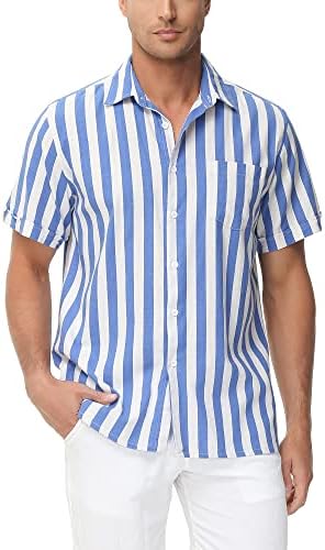 MCEDAR Kısa Kollu Keten Karışımı Gömlek Erkekler için Yaz Casual Düğme Aşağı Yayılmış Yaka Plaj Gömlek Büyük ve Uzun