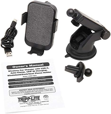 Tripp Lite Kablosuz Araç Şarj Aleti Yuvası, 15W Qi Uyumlu, USB-C, Ön Cam Gösterge Paneli Havalandırma Telefon Tutucusu