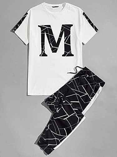 FİOXA İki Parçalı Kıyafetler Erkekler için Geo Mektup Grafik Üst ve Çizgili Yan Joggers Seti (Renk: Siyah / Beyaz,