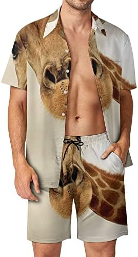 Zürafa erkek Hawaii Düğmeli Kısa Kollu Gömlek ve pantolon Yaz Plaj Kıyafetleri Gevşek Fit Eşofman