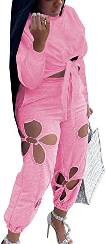 Kadınlar için seksi İki Parçalı Kıyafetler-Katı Uzun Kollu Düğüm Kırpma Üst + Elastik Çiçek Delikli Sweatpants Eşofman