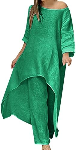 Iki Parçalı Kıyafetler Kadınlar için yaz kıyafetleri Düzensiz Bölünmüş Uzun Kollu Pamuklu Keten Üstleri Düz Renk Uzun