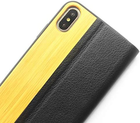 Flip-perde iPhone için kılıf X / XS, benzersiz manyetik toka tasarımı ile kombine ahşap ve deri, silikon çift katmanlı
