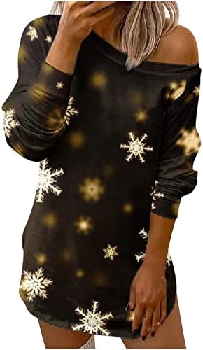 Xmas_Dress kadın Noel Baskılı Gevşek Eğik Yaka Uzun Kollu askısız tişört Üst