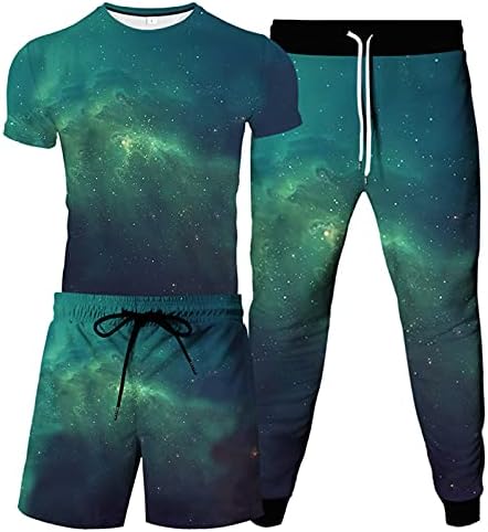 URVİP Erkek 3 ADET Yıldızlı Gökyüzü Baskılı Romper T-Shirt ve Örgü Şort pantolon Takım Elbise Seti Spor pantolon Eşofman