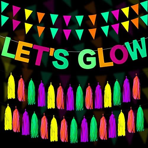 Outus Neon Parti Malzemeleri İçerir Let's Glow Banner 20 Adet Neon Kağıt Püsküller ve Neon Üçgen Bayraklar Karanlıkta