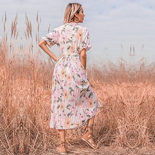 ıCODOD Elbise kadın 2023 Yaz Crewneck Kravat Bel Çiçek Baskı Gevşek Salıncak Kısa Kollu Maxi Elbiseler Kadınlar için