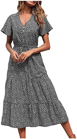 uikmnh Bayan Tatil Çiçek Dantel Buzağı Uzunluğu Maxi Elbise Çarpıntı Kollu Yaz Şantuk Elbise Fit & Flare Kısa Kollu