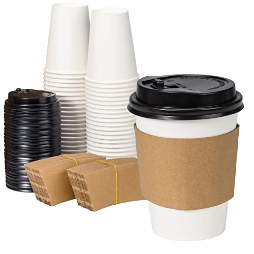 RACETOP [50 paket] Kapaklı ve Kraft Kollu 12 oz Kahve Fincanları, Tek Kullanımlık kağıt bardaklar, Sıcak kahve fincanları,