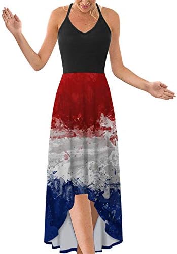 4th Temmuz Maxi Elbiseler Kadınlar için Yaz Casual Boho Elbise ABD Bayrağı Scoop Boyun Cami Kolsuz Vatansever Yensiz