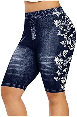 SGASY Kadın Artı Boyutu Baskılı Streç Kot Şort Rahat Yüksek Bel Skinny Jeans Kırpılmış