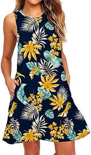 Kadın Yaz Plaj Elbise 2023 Çiçek Tshirt Sundress Casual Cepler Boho Tank Elbise