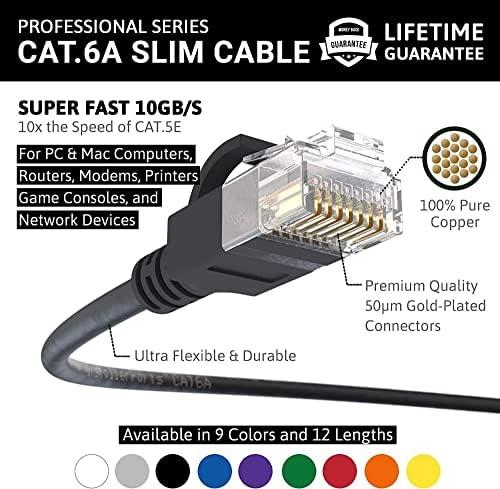InstallerParts Ethernet Kablosu CAT6A İnce Kablo UTP Önyüklemeli 2 FT (10 Paket) - Siyah-Profesyonel Seri-10 Gigabit/Sn
