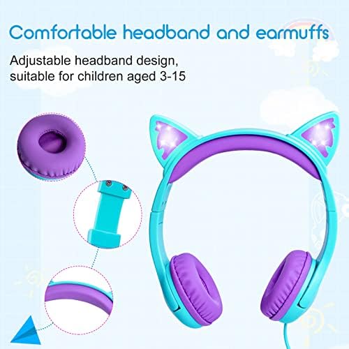 Okul için Mikrofonlu Olyre Çocuk Kulaklıkları, 85dB Güvenli Ses Sınırlı Işıklı Kedi Kulaklıkları, Çocuklar için Kablolu