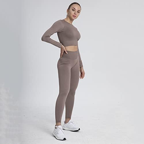 BaronHong egzersiz kıyafetleri Kadınlar için 2 Parça Dikişsiz Nervürlü Yüksek Bel Tayt Pantolon ve Kırpma Üst Egzersiz