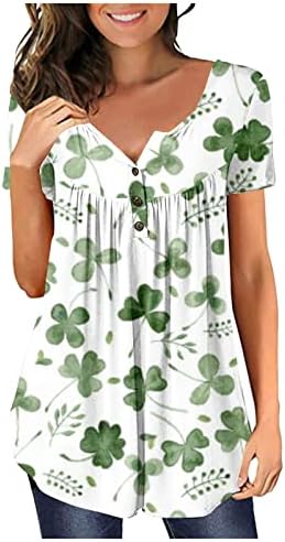Aziz Patrick Günü Gömlek Şık Shamrock Desen Pilili Ön Düğme Tunik Üstleri Henley Kısa Kollu V Yaka Bluzlar Tees