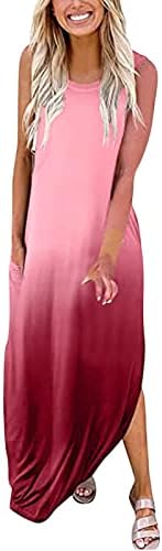 RYOZAI Maxi Elbise Kadınlar için Yaz Degrade Baskı O Boyun Uzun Elbiseler Seksi Kolsuz Boho Tankı Elbise Rahat Plaj