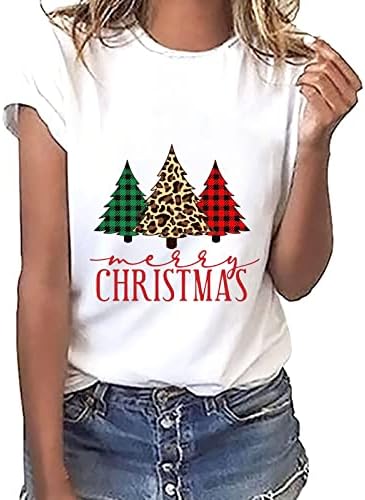 Merry Christmas Ağacı Baskı T-Shirt Ekose Baskı Ekip Boyun Kazak Bluz Kısa Kollu Casual Tee Tops Yaz Tees