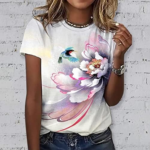 Yaz Bayan Kısa Kollu Ekip Boyun Çiçek Baskılı Üst T Shirt Casual Gömlek Tee Bayan Bayan Yaz Üstleri Gevşek Fit