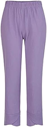 YZHM Kadınlar Katı Renk Pamuk Keten Pantolon Yaz Rahat Geniş Bacak Kırpılmış Pantolon Cepler Salonu Gevşek Fit Kapriler