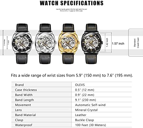 OLEVS erkek İskelet saatler, Otomatik Kendini Sarma Saatler Siyah Deri Bant, Altın / Gümüş / Siyah Yüz