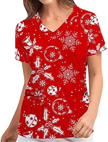 Noel Hemşire Üstleri Kadın Kısa Kollu V Yaka T-Shirt Scrubtops Cepler Sevimli Karikatür Tüm Grafik Baskı Tee Gömlek