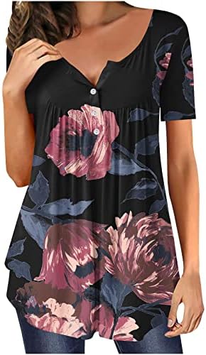 T Shirt Kadınlar için Çiçek Baskılı bol tişört kısa Kollu Gizlemek Göbek Tunik Yuvarlak Boyun Rahat Flowy Henley Tshirt