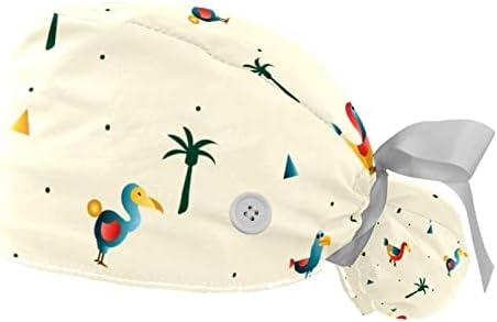 2 Adet Dodo Kuş Desen Çalışma Kap Düğmesi ve Ter Bandı Ayarlanabilir Unisex Kravat Geri Şapka Hemşire Cerrahi Kapaklar